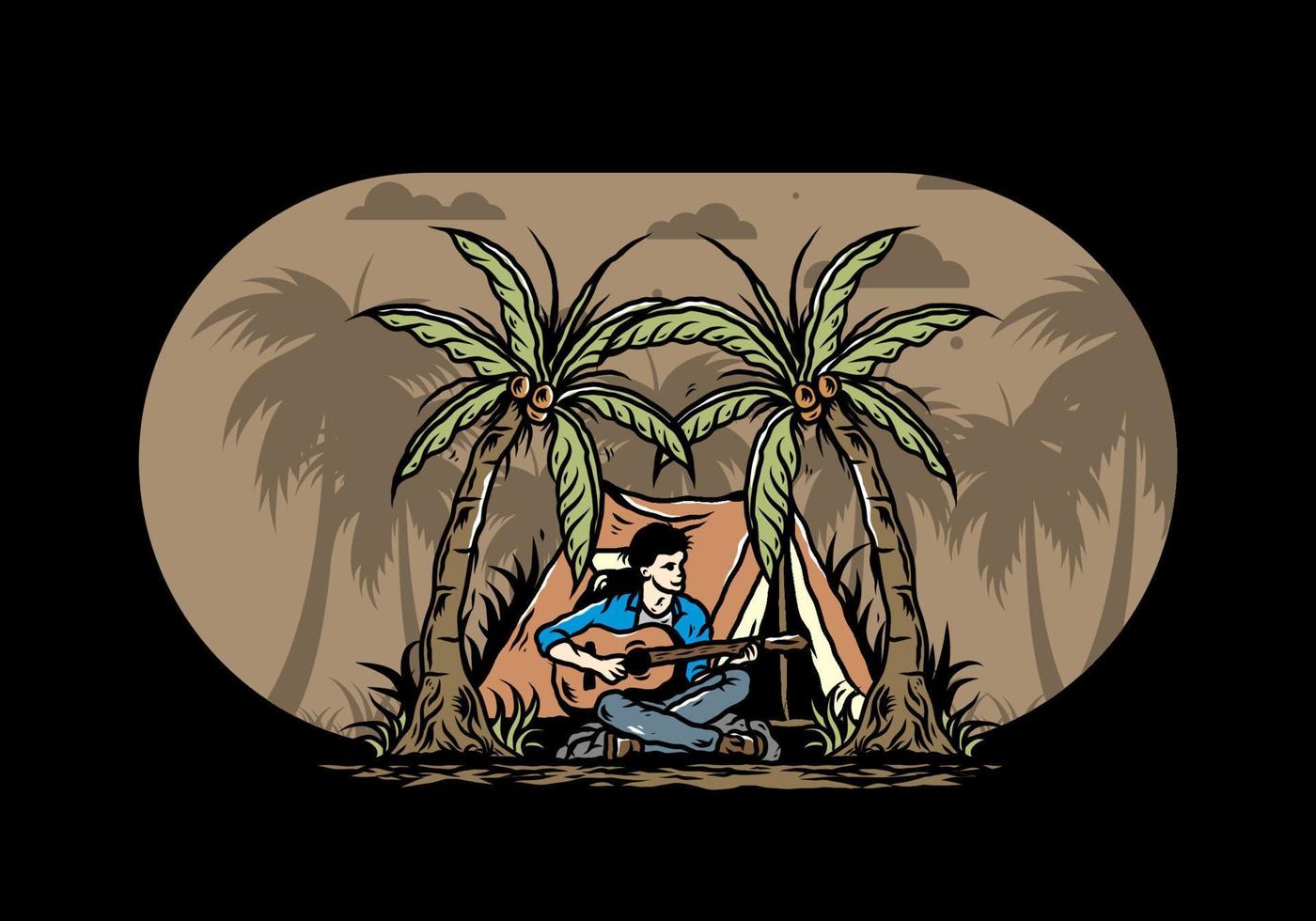 man med gitarr framför tältet mellan coconut tree illustration vektor