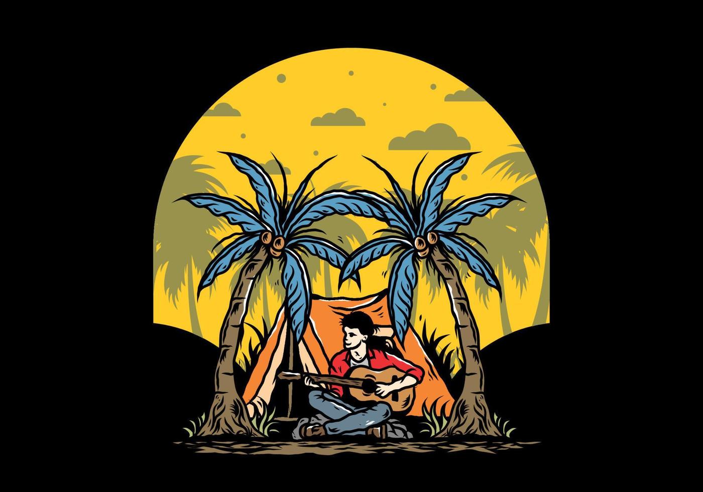 man med gitarr framför tältet mellan coconut tree illustration vektor