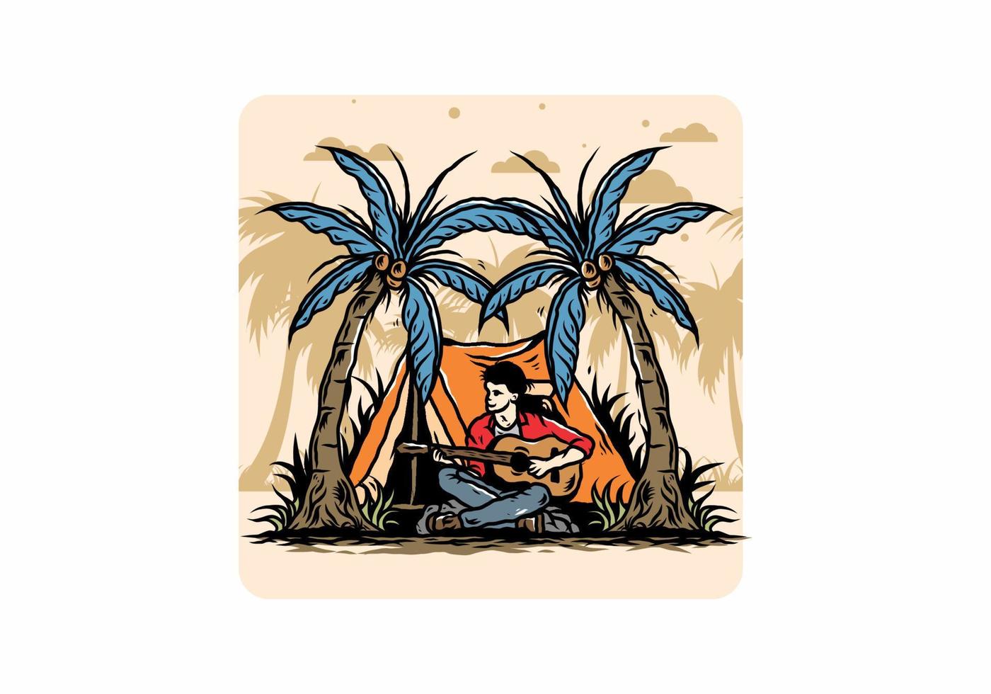 man med gitarr framför tältet mellan coconut tree illustration vektor