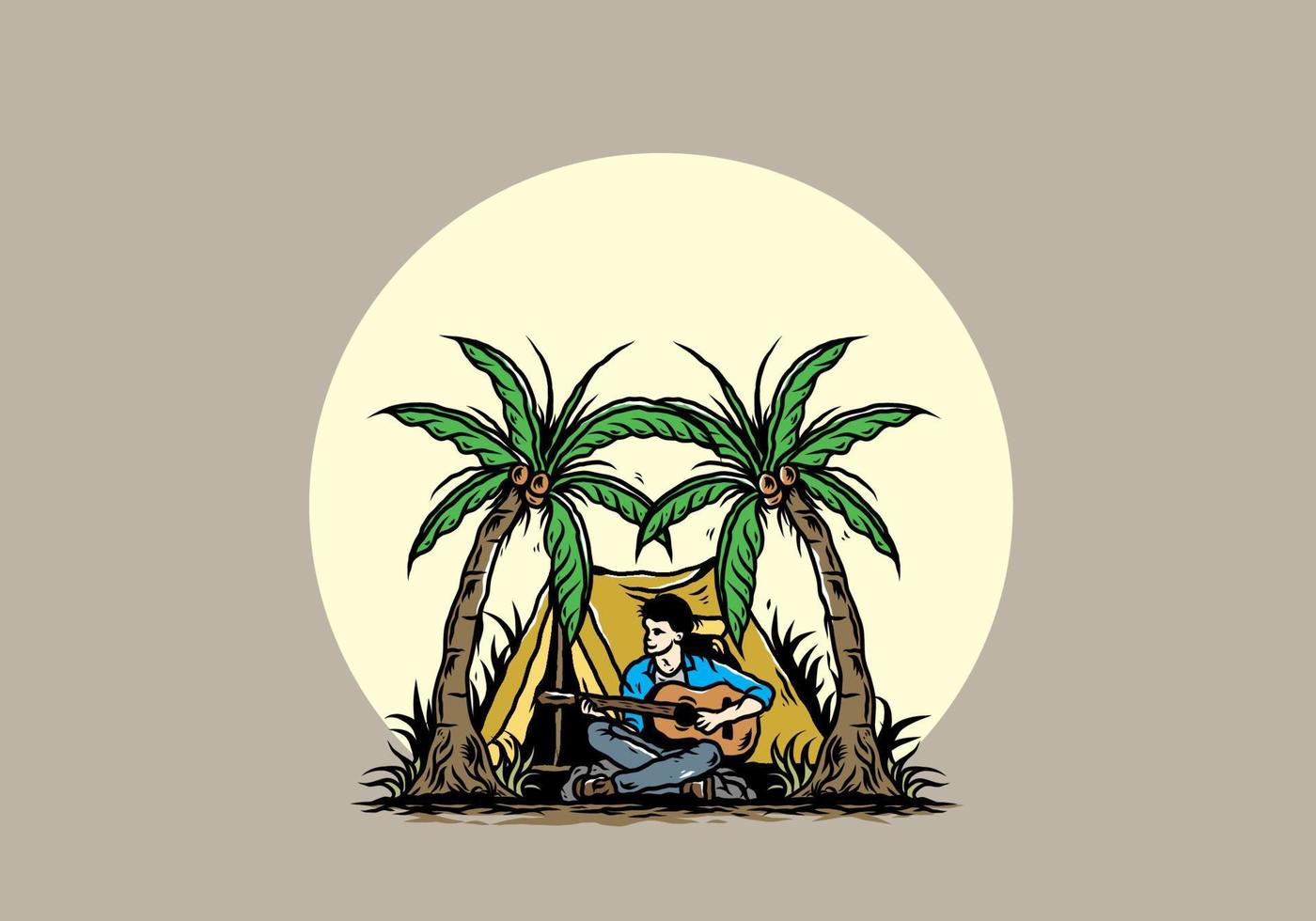 man med gitarr framför tältet mellan coconut tree illustration vektor