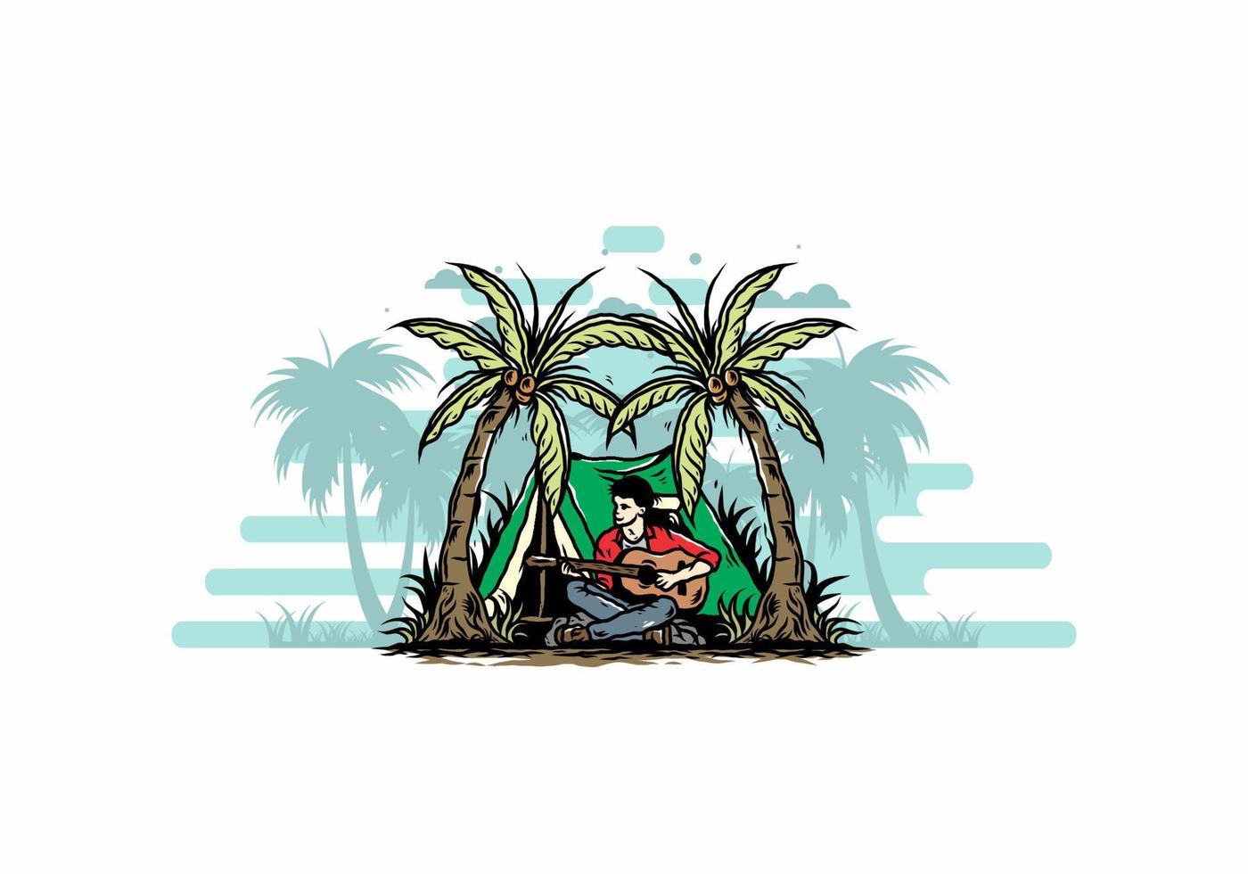 man med gitarr framför tältet mellan coconut tree illustration vektor