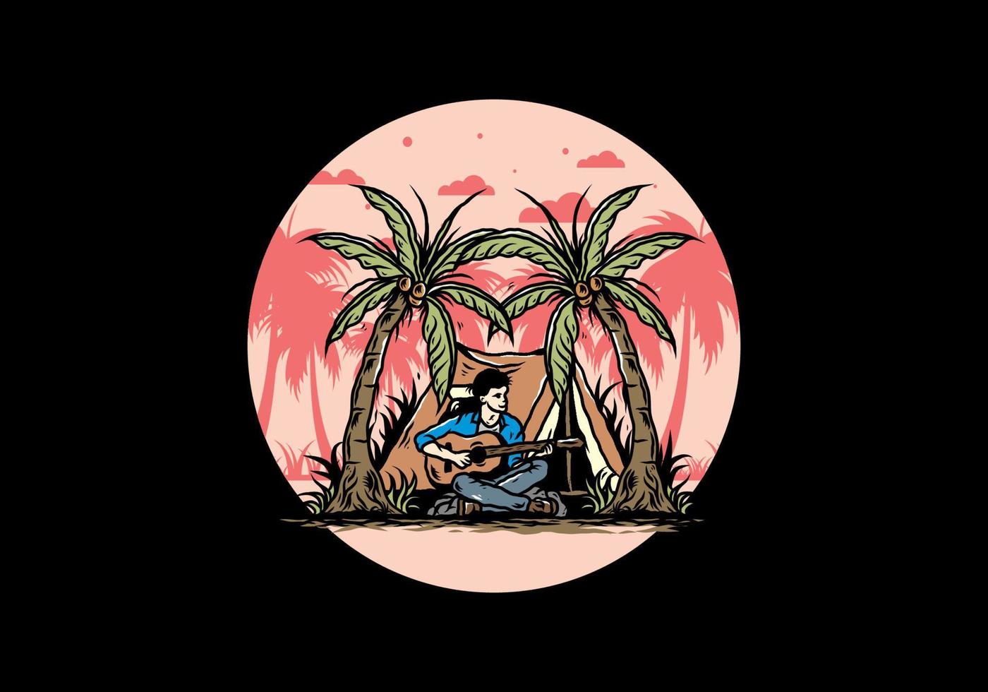 man med gitarr framför tältet mellan coconut tree illustration vektor