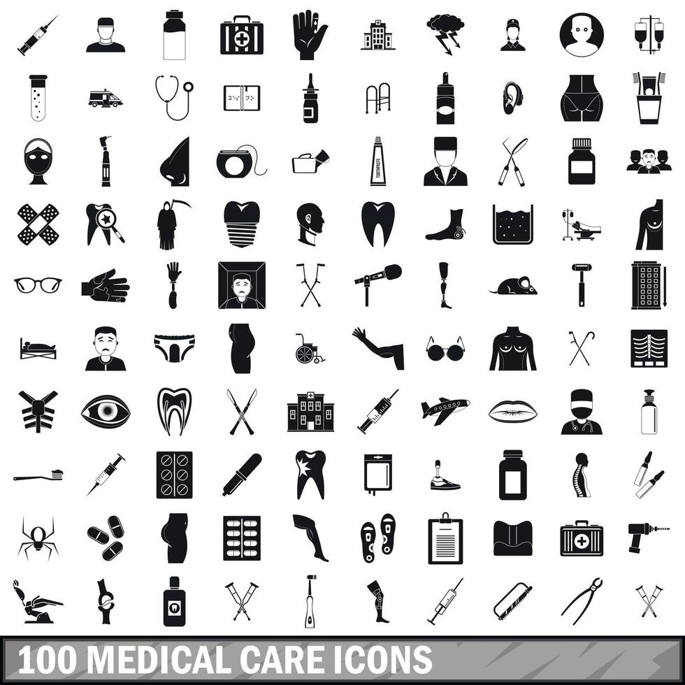 100 medicinsk vård ikoner set, enkel stil vektor