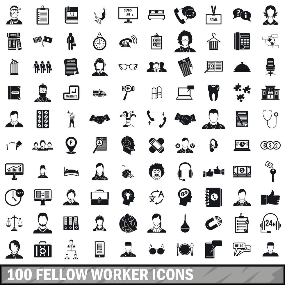 100 medarbetare ikoner set, enkel stil vektor
