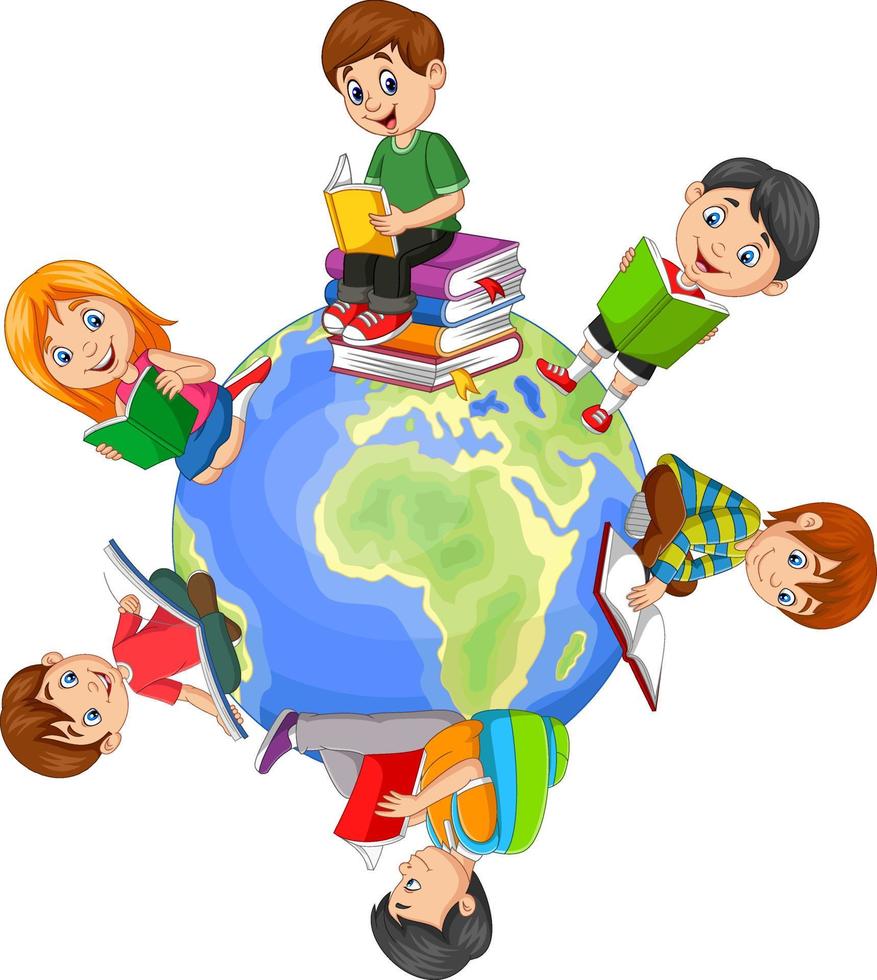Kinder lesen Buch auf der ganzen Welt vektor
