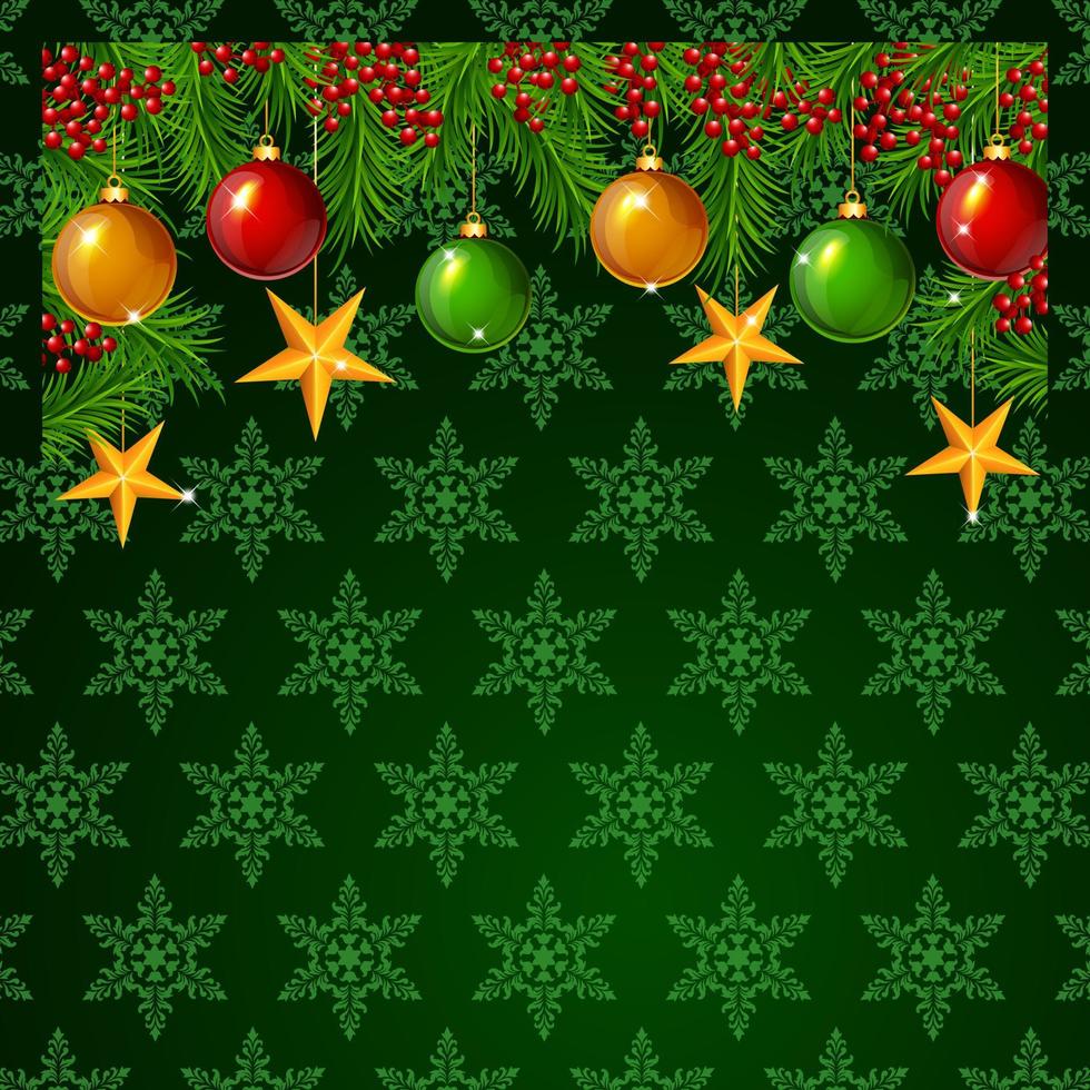 jul bakgrund med gran grenar och bollar med stjärnor vektor