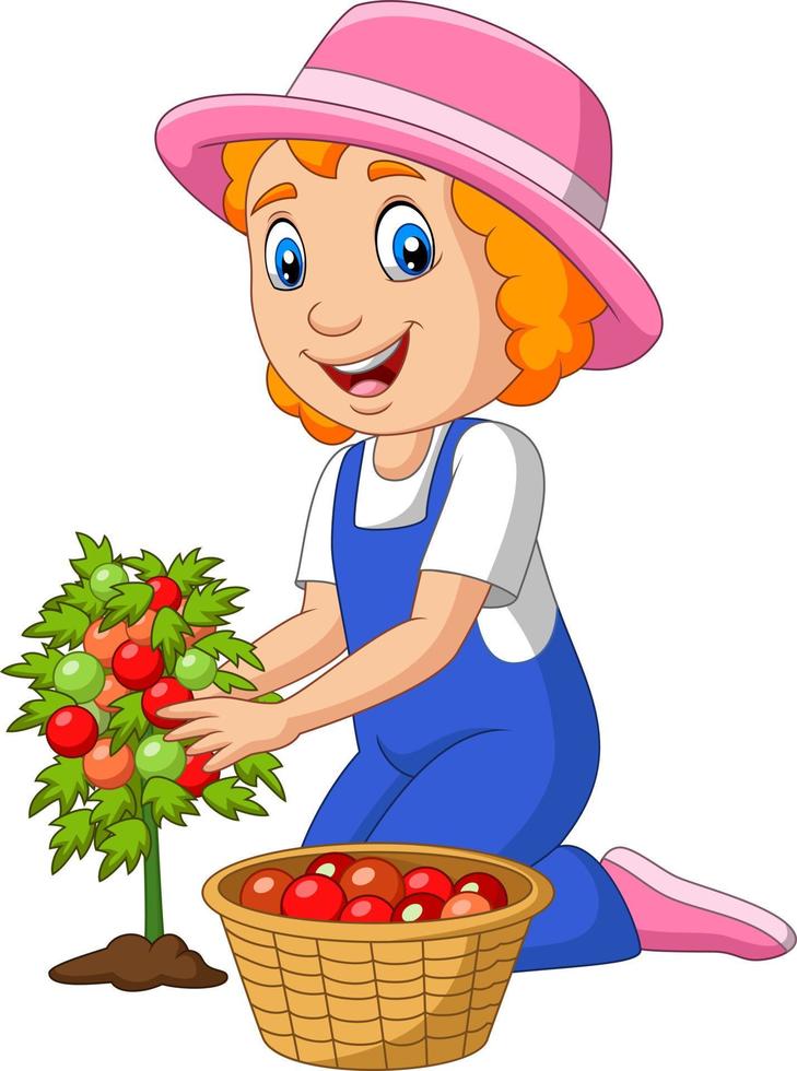 tecknad liten flicka skörda tomater vektor