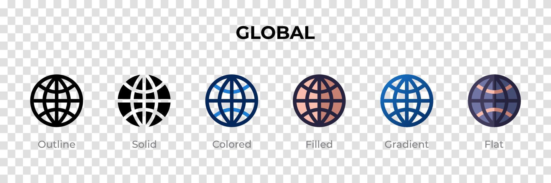 globales Symbol in verschiedenen Stilen. globale Vektorsymbole, die in Umrissen, soliden, farbigen, gefüllten, Farbverläufen und flachen Stilen gestaltet sind. Symbol, Logoabbildung. Vektor-Illustration vektor