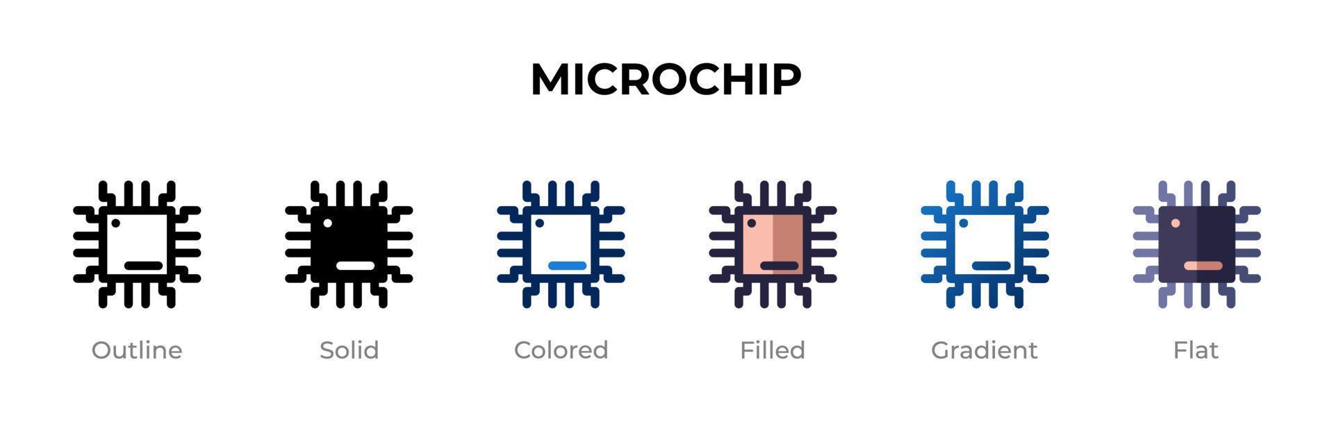 Mikrochip-Symbol in verschiedenen Stilen. Mikrochip-Vektorsymbole in Umrissen, soliden, farbigen, gefüllten, Farbverläufen und flachen Stilen. Symbol, Logoabbildung. Vektor-Illustration vektor