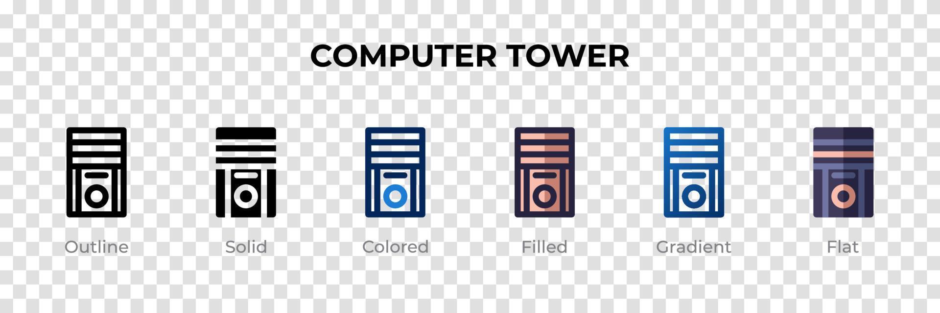 Computerturm-Symbol in anderen Stilen. Computerturm-Vektorsymbole, die in Umrissen, soliden, farbigen, gefüllten, Farbverläufen und flachen Stilen entworfen wurden. Symbol, Logoabbildung. Vektor-Illustration vektor