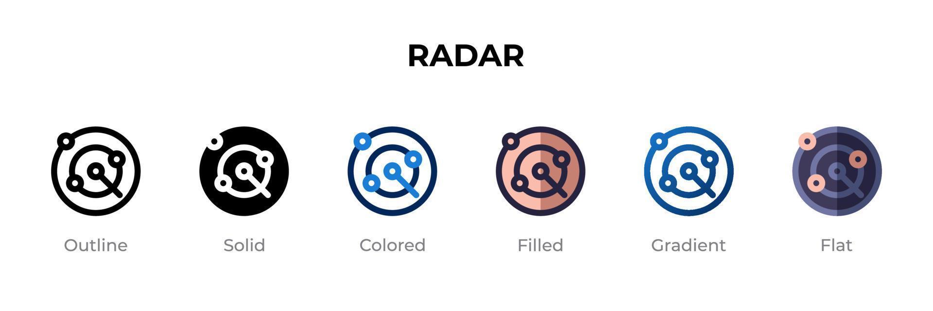 Radarsymbol in verschiedenen Stilen. Radar-Vektorsymbole, die in Umrissen, soliden, farbigen, gefüllten, Farbverläufen und flachen Stilen gestaltet sind. Symbol, Logoabbildung. Vektor-Illustration vektor