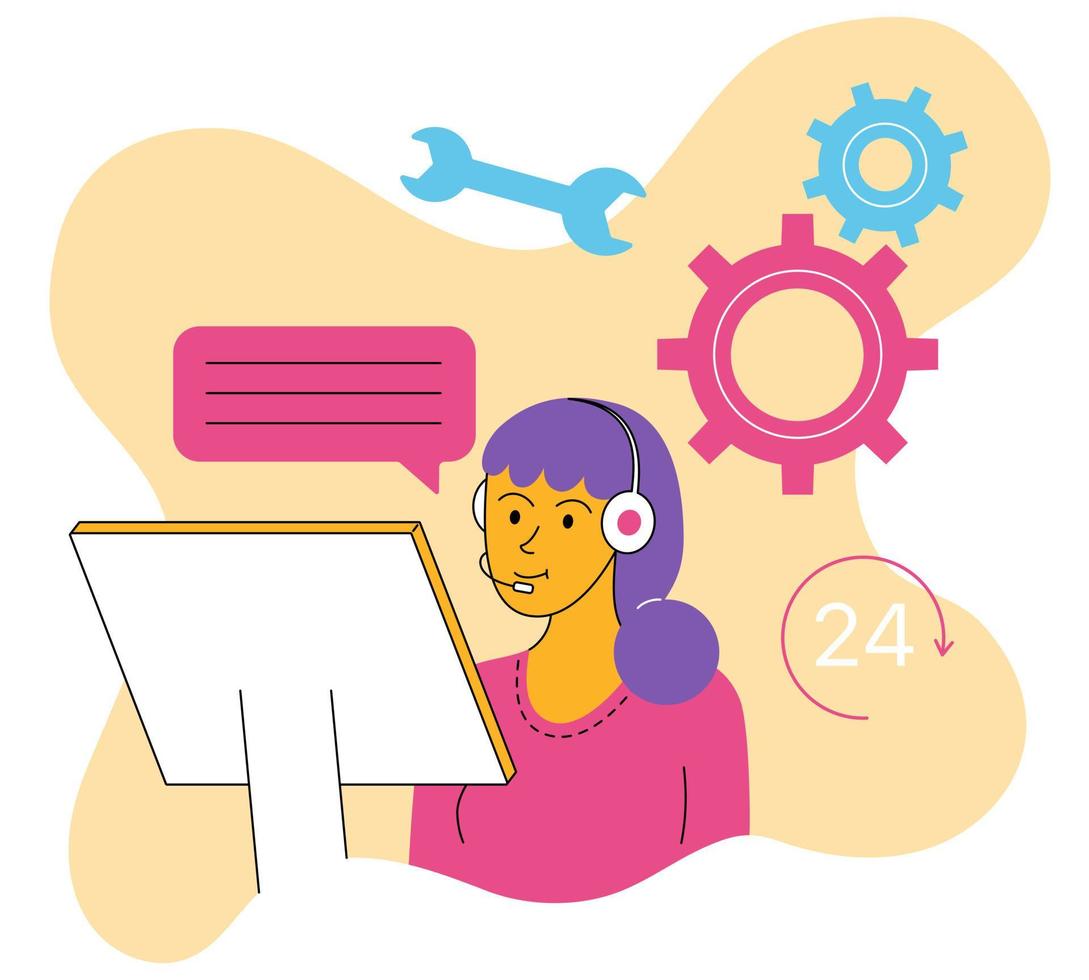 en teknisk supportspecialist för användare, en kvinnlig karaktär pratar med en klient via hörlurar, 24 per 7 support och svar på frågor vektor