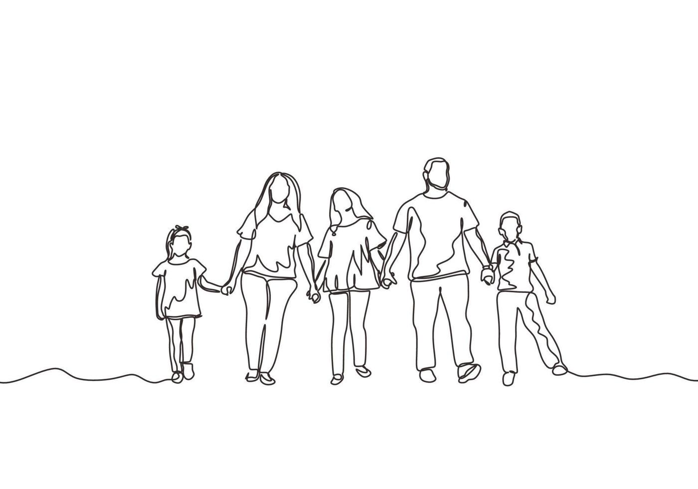 kontinuerlig en rad ritning av lycklig familj. begreppet mor, far, dotter, son och barn. vektor