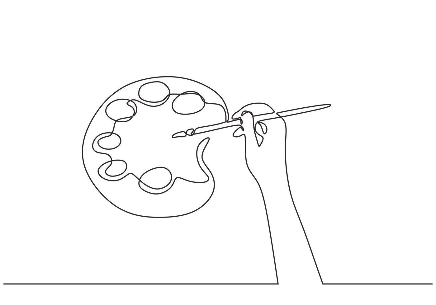 fortlaufende strichzeichnung kunstmalpalette und hand haltene pinsel. minimalismus handgezeichnete skizzenvektorillustration vektor