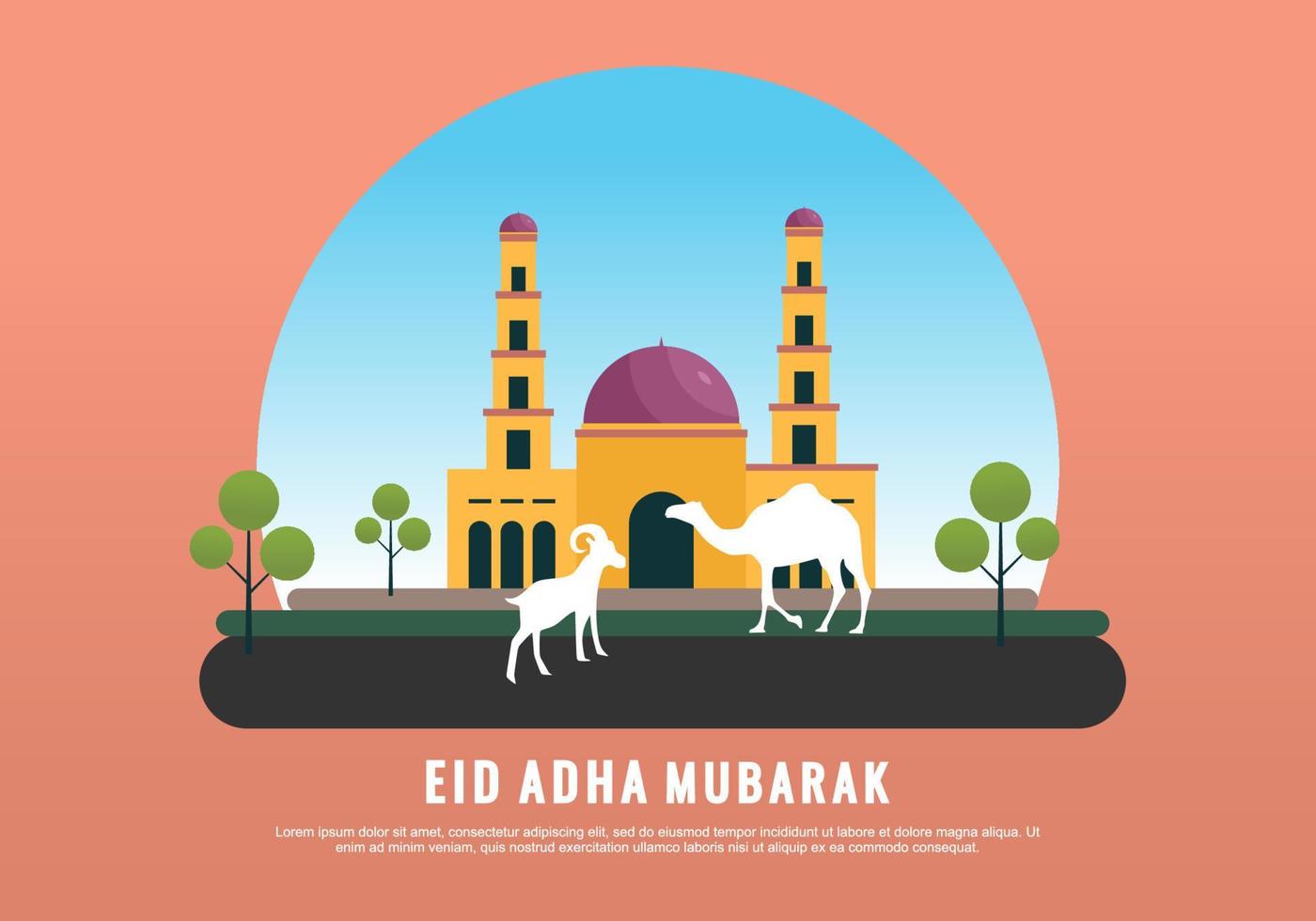 eid al adha arabische kalligrafie für muslime mit moscheeziege und kamel vektor