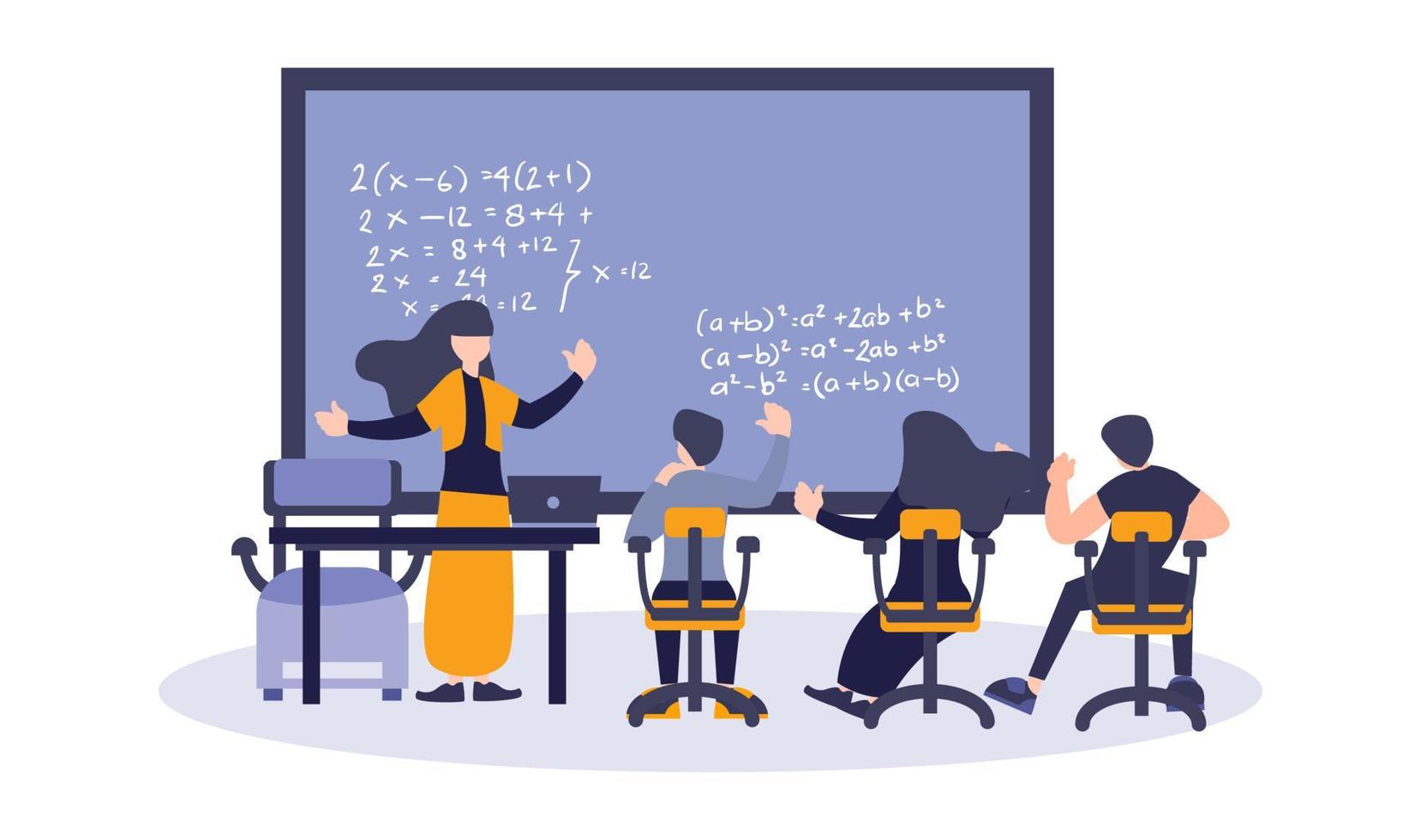 vektorillustration des lehrers unterrichtet dem schüler einen vortrag. konzept der mathematischen ausbildung, des studiums und des lernens. flache digitale illustration vektor