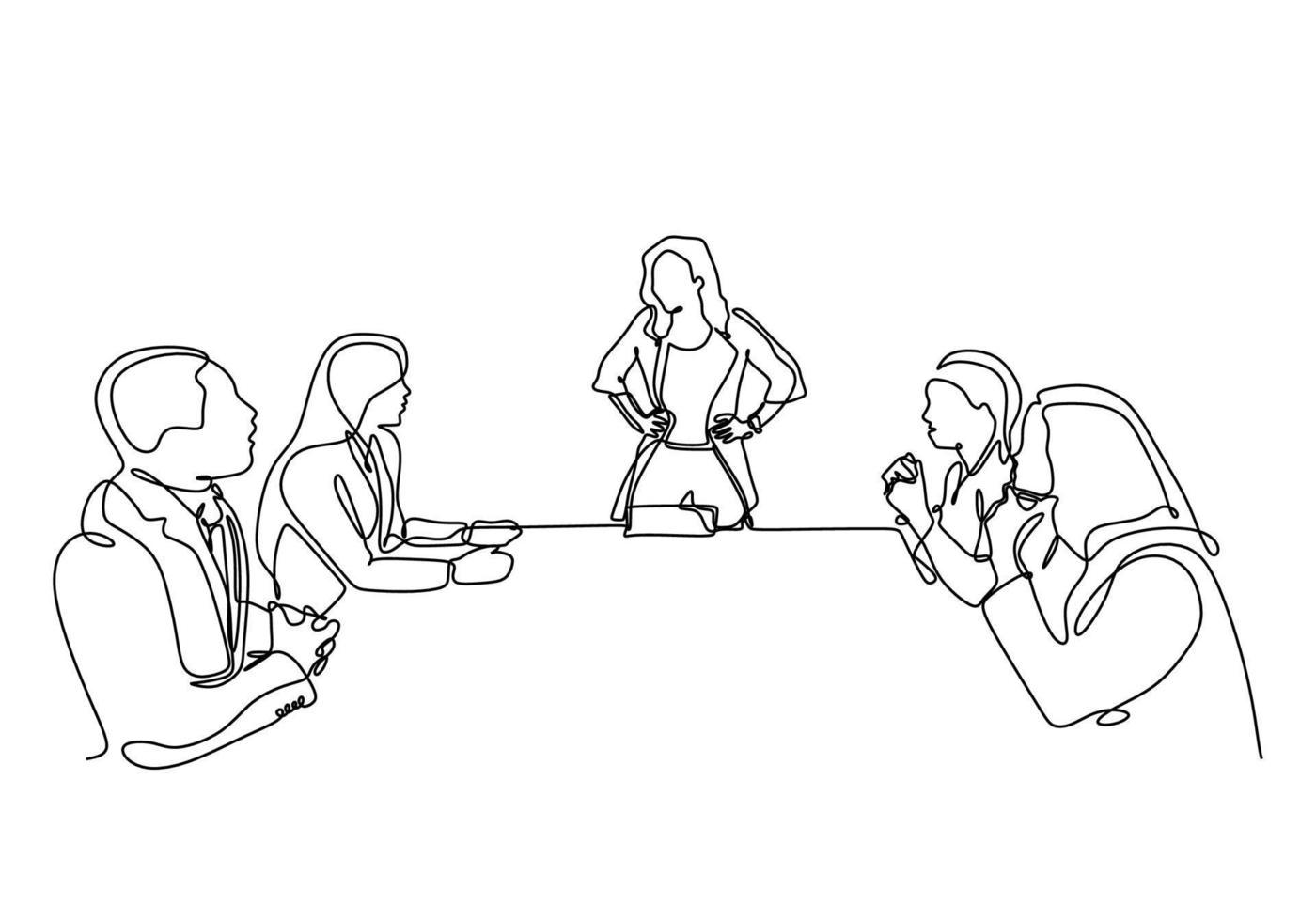 .kontinuierliche einzeilige Zeichnung eines Firmentreffens mit einer Frau als Führungsvektor. einzelne minimalismusskizze handgezeichnetes konzept des geschäftstreffens von leuten, die sitzen, führen eine diskussion vektor