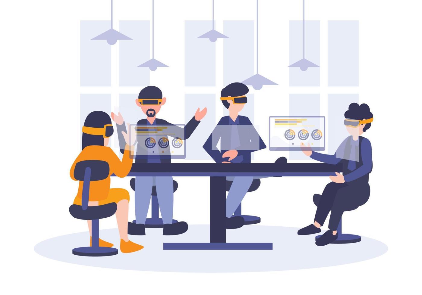 affärsmän som pratar och möter med hjälp av virtual reality-teknikglasögon. futuristisk cyber gadget internet industriell revolution. affärsman och affärskvinna sitter. vektor