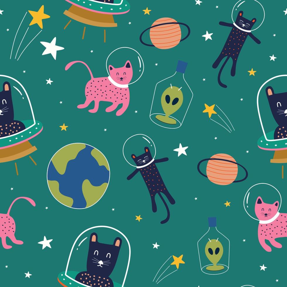 süße katzen nahtloses muster mit alien. Sterne und Planeten. Fantasiedesign handgezeichnete lustige Zeichnung vektor