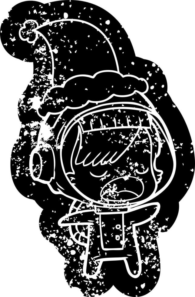 tecknad nödställd ikon av en talande astronautkvinna som bär tomtehatt vektor