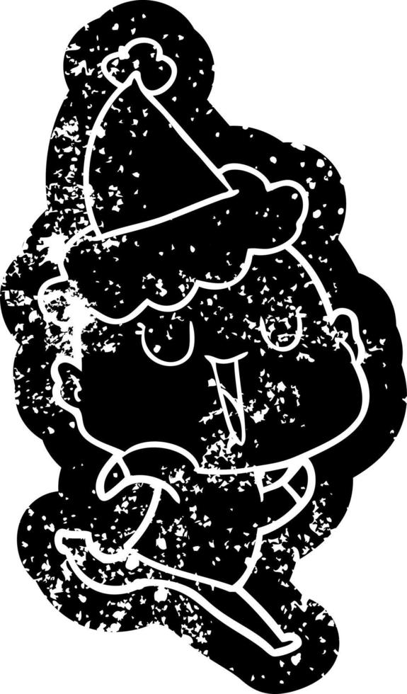Fröhliche Cartoon-Distressed-Ikone eines glatzköpfigen Mannes mit Weihnachtsmütze vektor