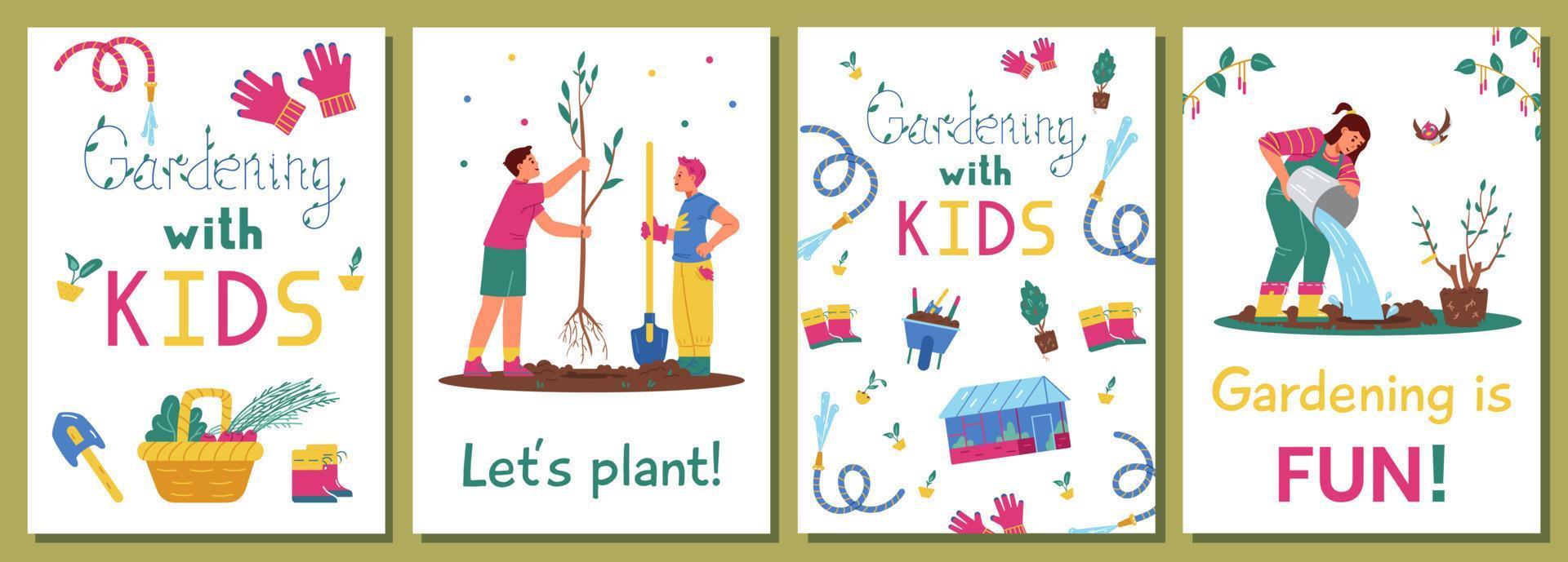 trädgårdsarbete med barn uppsättning vektorkort. illustrationer av barn som planterar träd, vattnar, trädgårdsutrustning. vektor