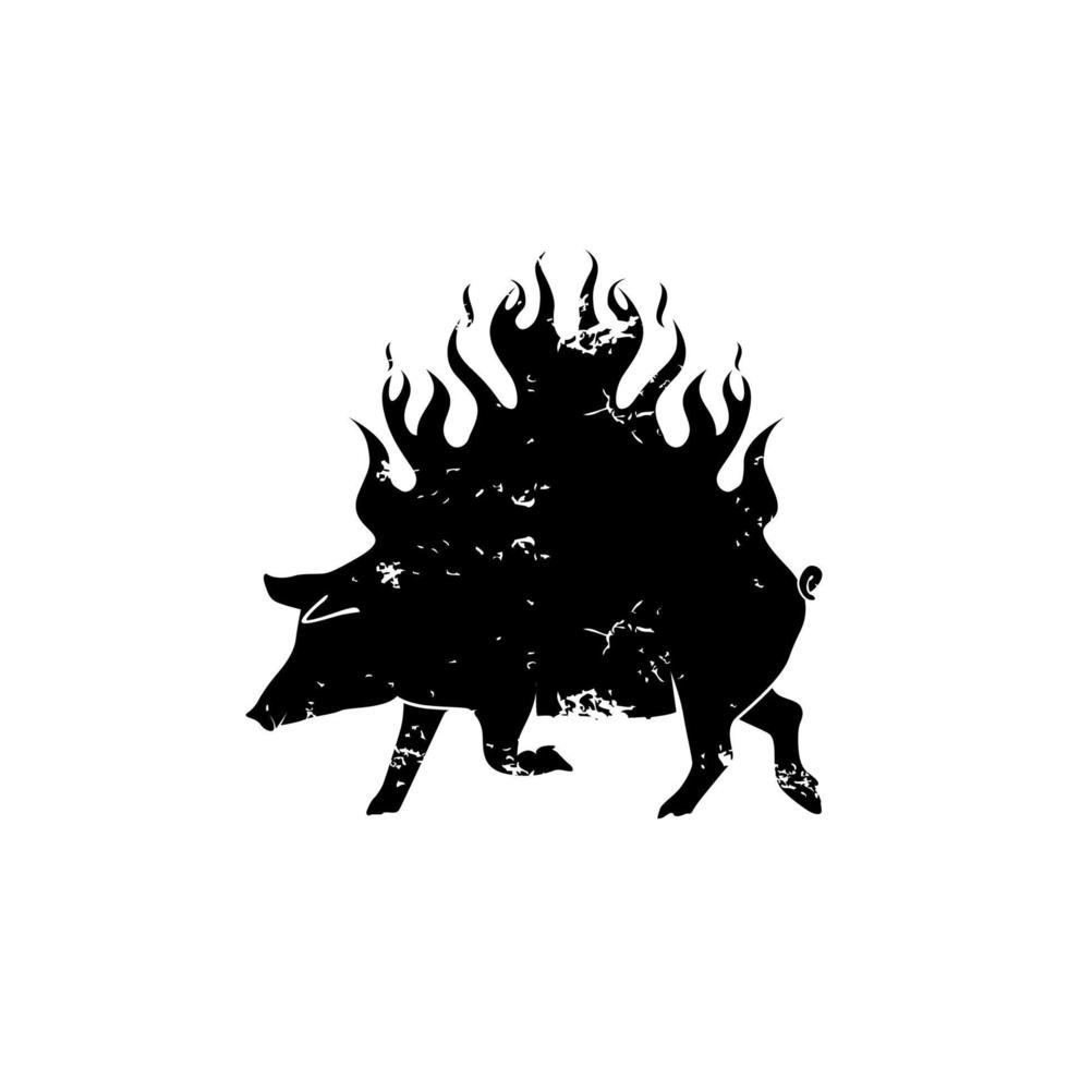 grunge fläsk gris vildsvin eld flamma siluett för bbq grill logotyp design inspiration vektor