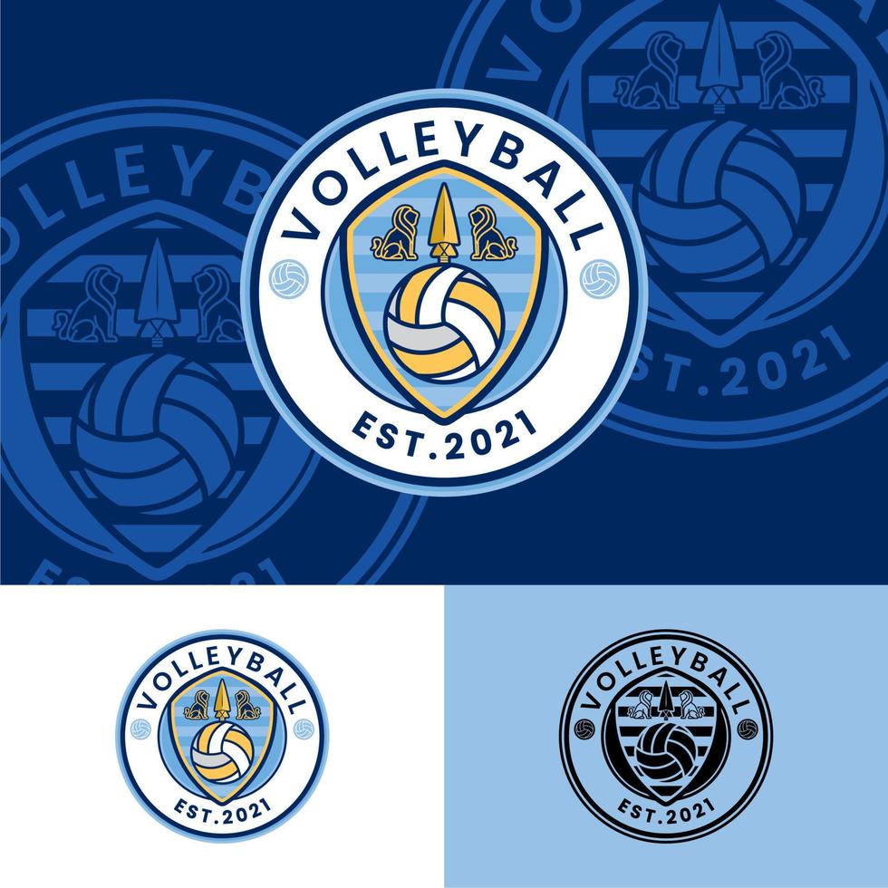 rund volleyboll märke med lejon och spjut logotyp, volleyboll sport logotyp inspiration design vektor