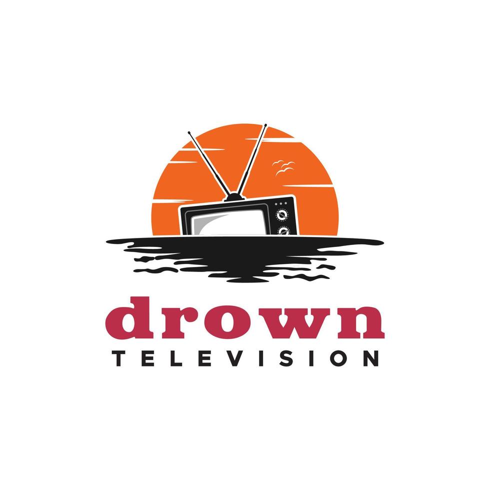 TV-Waschbecken ertrinken bei Sonnenuntergang im Meer für die Filmproduktion Fernsehhasser-Logo-Design vektor