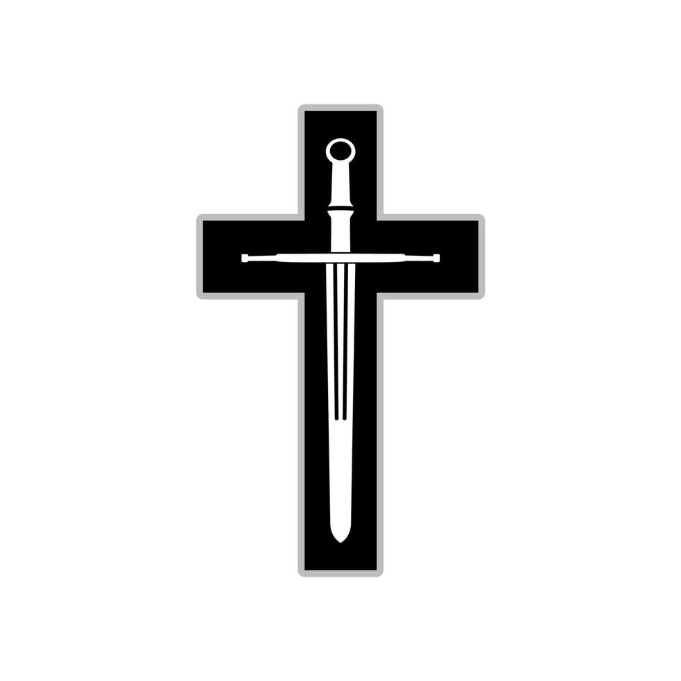 christliches kreuz und altes vintage-schwert für kriegsveteranen-friedhofslogo oder mittelalterliches logo vektor