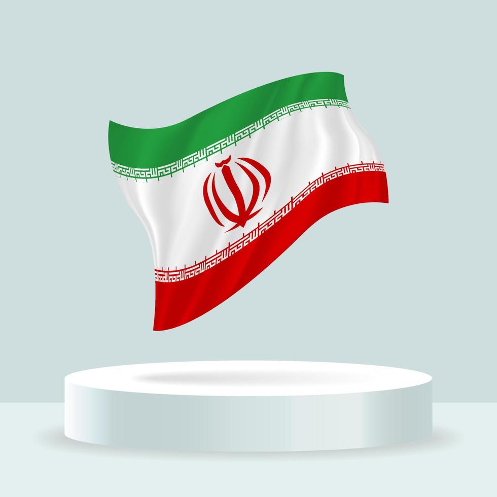 Irans flagga. 3D-rendering av flaggan som visas på stativet. viftande flagga i moderna pastellfärger. flaggritning, skuggning och färg på separata lager, snyggt i grupper för enkel redigering. vektor