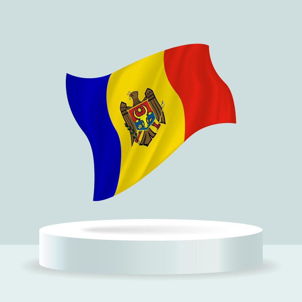 moldaviens flagga. 3D-rendering av flaggan som visas på stativet. viftande flagga i moderna pastellfärger. flaggritning, skuggning och färg på separata lager, snyggt i grupper för enkel redigering. vektor
