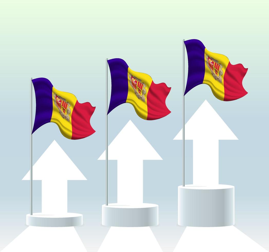 Andorra-Flagge. Der Wert des Landes steigt. schwenkender Fahnenmast in modernen Pastellfarben. Flaggenzeichnung, Schattierung zur einfachen Bearbeitung. vektor