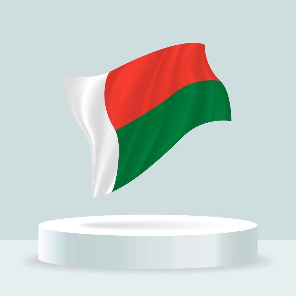 madagaskar flagga. 3D-rendering av flaggan som visas på stativet. viftande flagga i moderna pastellfärger. flaggritning, skuggning och färg på separata lager, snyggt i grupper för enkel redigering. vektor