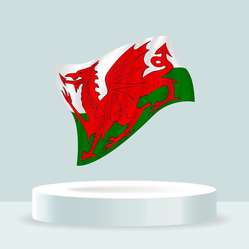 Wales-Flagge. 3D-Darstellung der auf dem Stand angezeigten Flagge. schwenkende Flagge in modernen Pastellfarben. Flaggenzeichnung, Schattierung und Farbe auf separaten Ebenen, ordentlich in Gruppen zur einfachen Bearbeitung. vektor