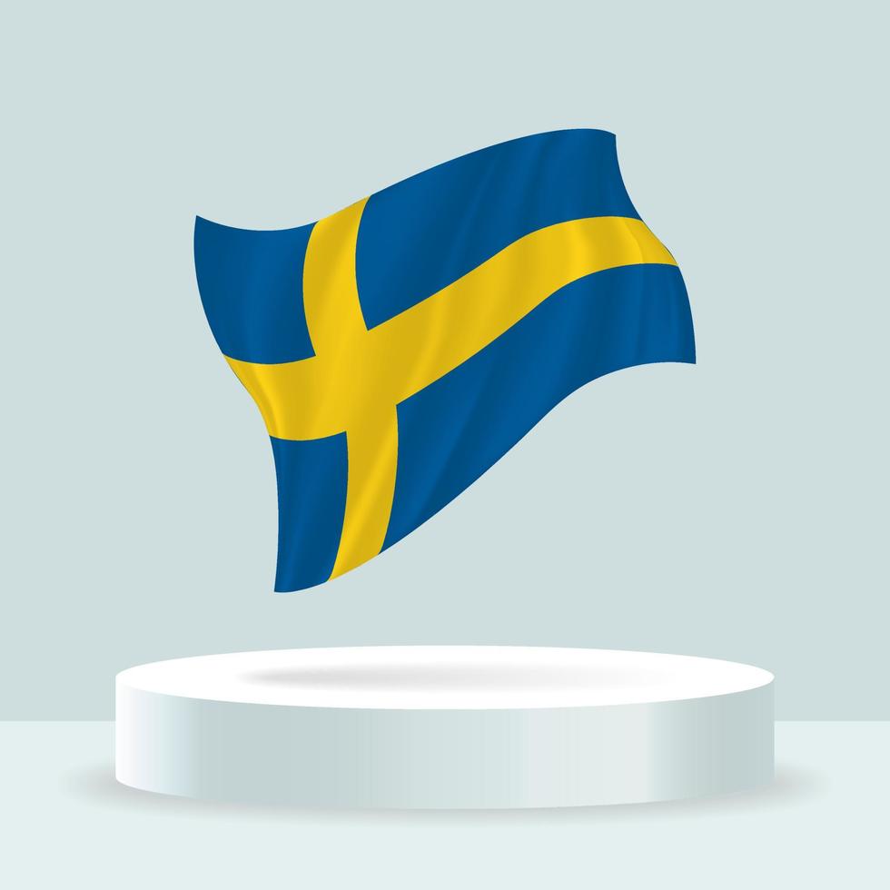 sveriges flagga. 3D-rendering av flaggan som visas på stativet. viftande flagga i moderna pastellfärger. flaggritning, skuggning och färg på separata lager, snyggt i grupper för enkel redigering. vektor