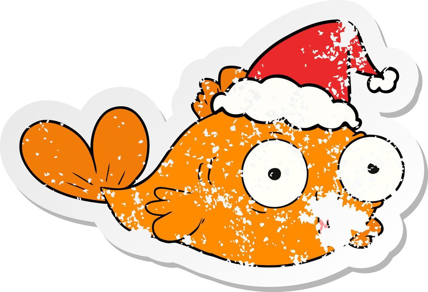 glücklicher Goldfisch beunruhigter Aufkleber-Cartoon einer tragenden Weihnachtsmannmütze vektor