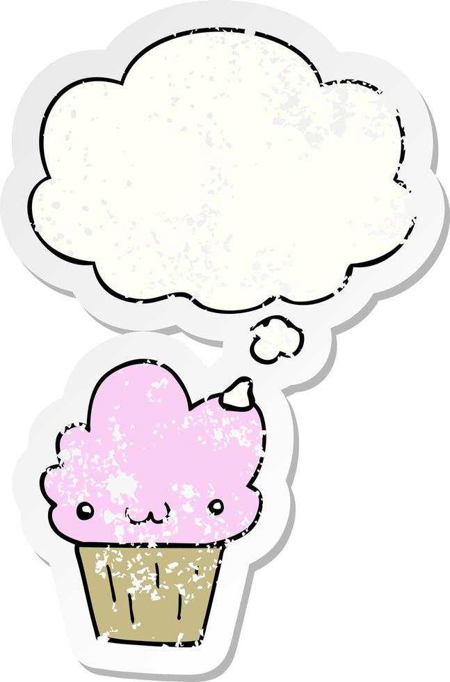 Cartoon-Cupcake mit Gesicht und Gedankenblase als beunruhigter, abgenutzter Aufkleber vektor