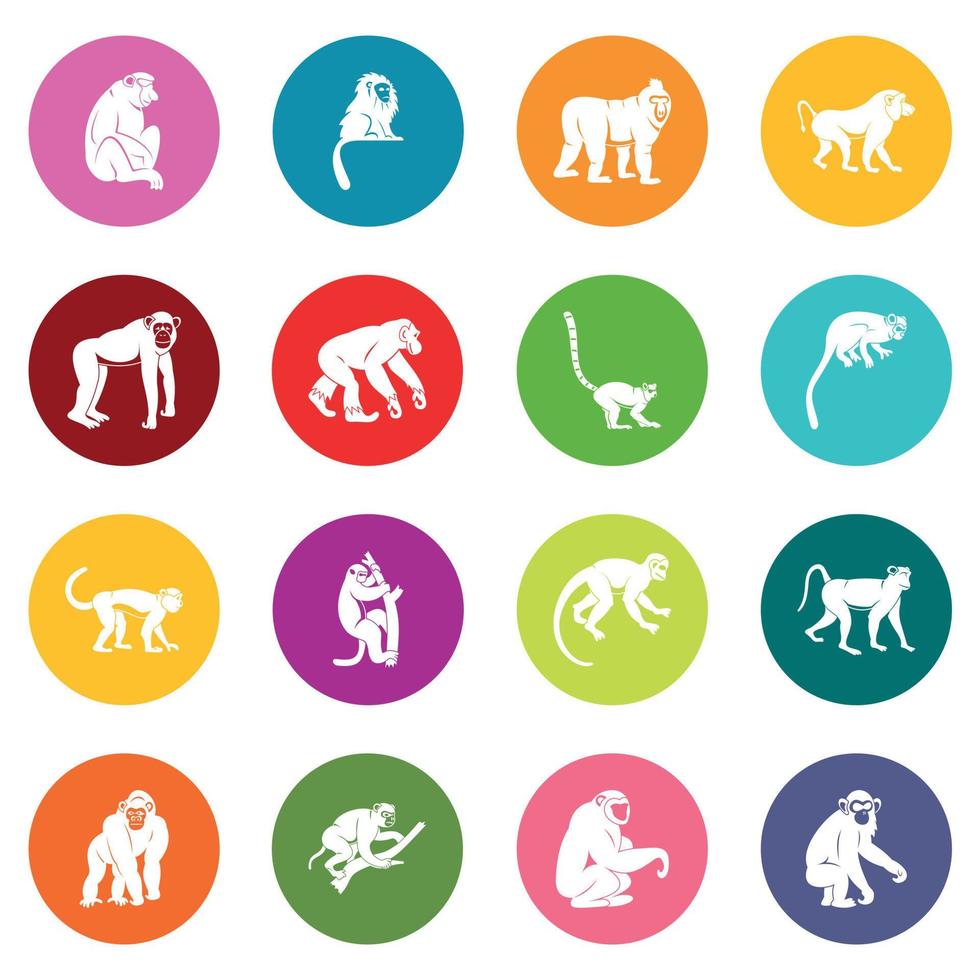 Affentypen Symbole viele Farben gesetzt vektor
