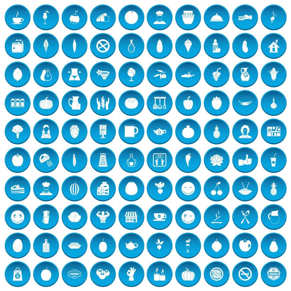 100 vegetarische Café-Symbole blau gesetzt vektor