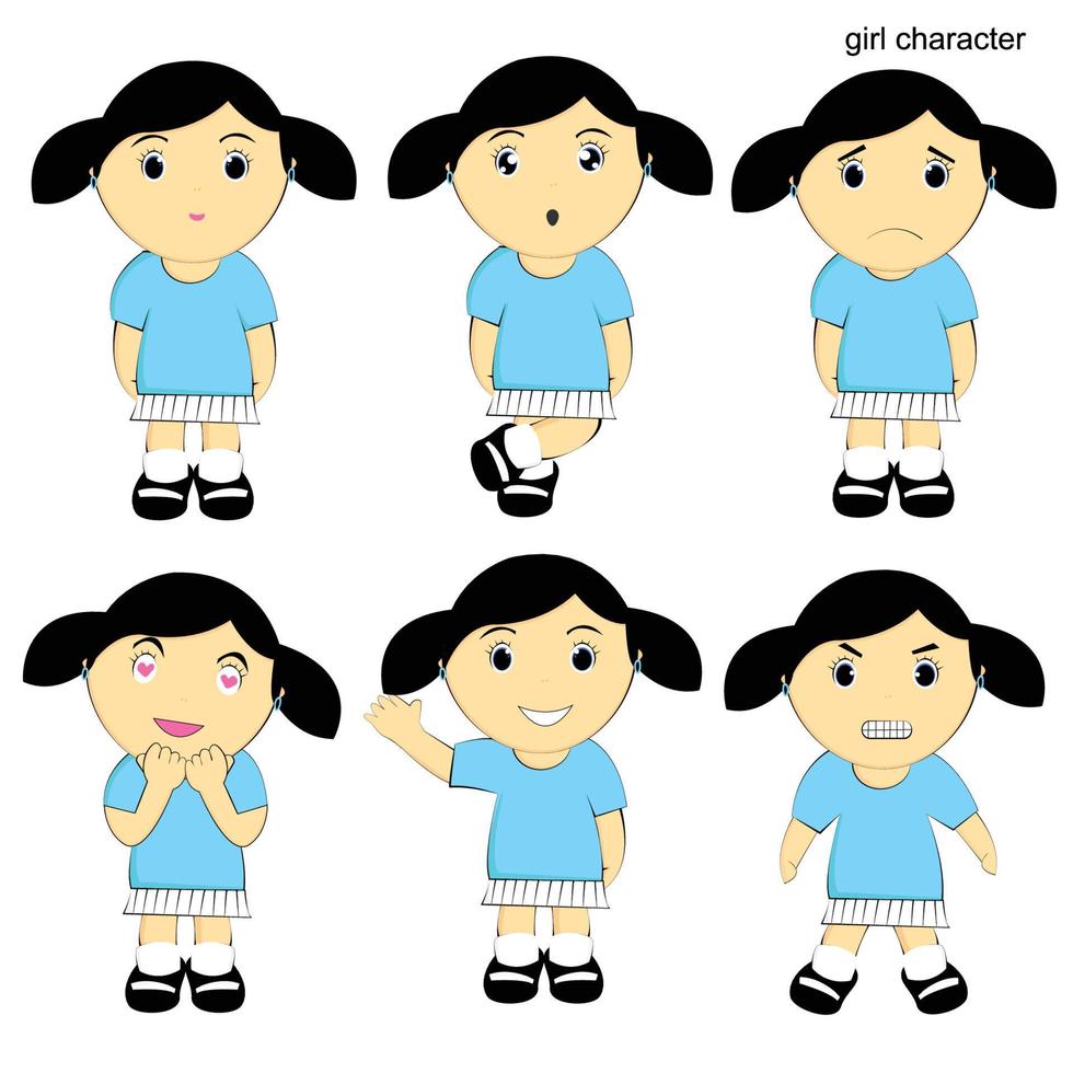 Vektorgrafik der Schulmädchenfigur mit mehreren Posen und Ausdrücken, die für Kinderinhalte geeignet sind vektor