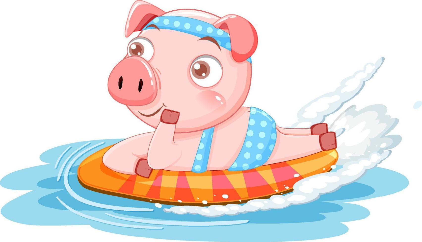 niedliche schwein-zeichentrickfigur, die bikini-surfen trägt vektor