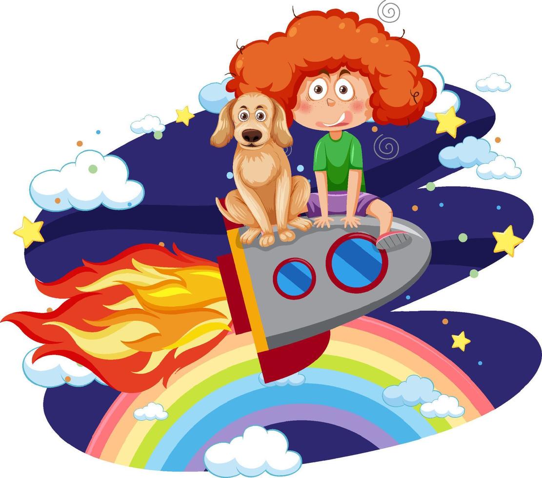 en flicka och hund på raket i himlen vektor