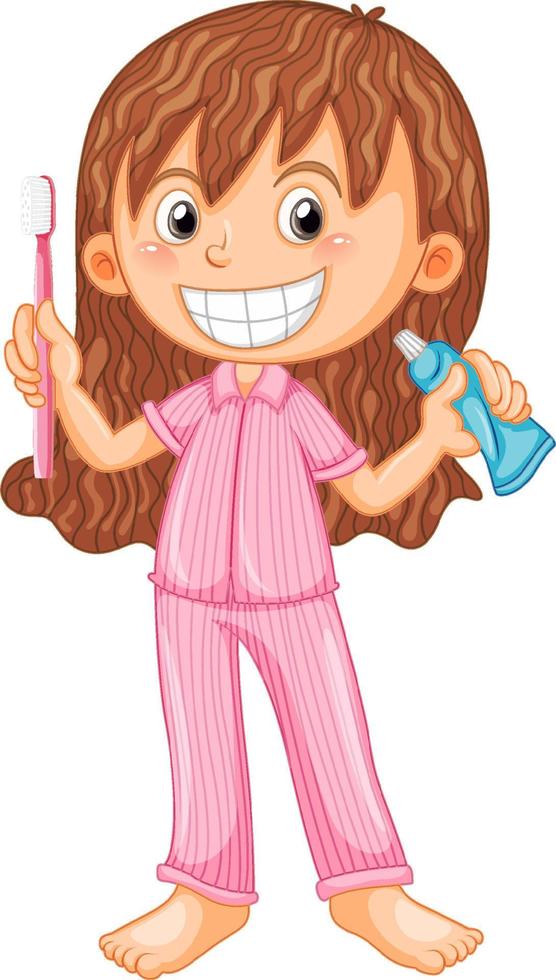 flicka i pyjamas håller tandborste och tandkräm vektor