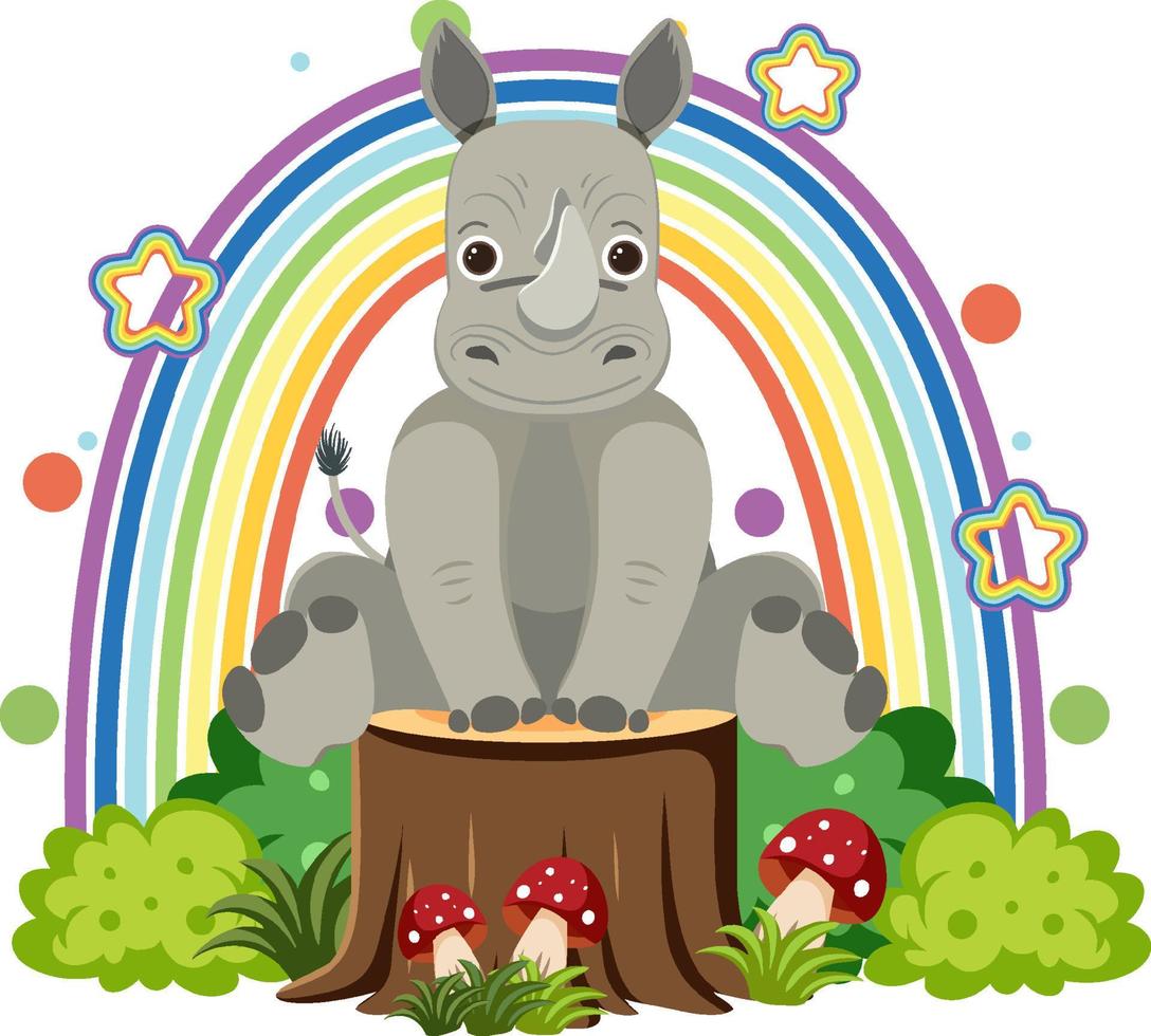 süßes Nashorn auf Baumstumpf im flachen Cartoon-Stil vektor