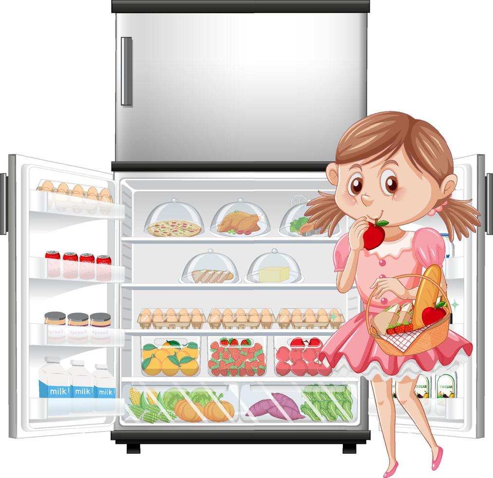 hungrig tjej tycker om att äta framför kylskåpet vektor