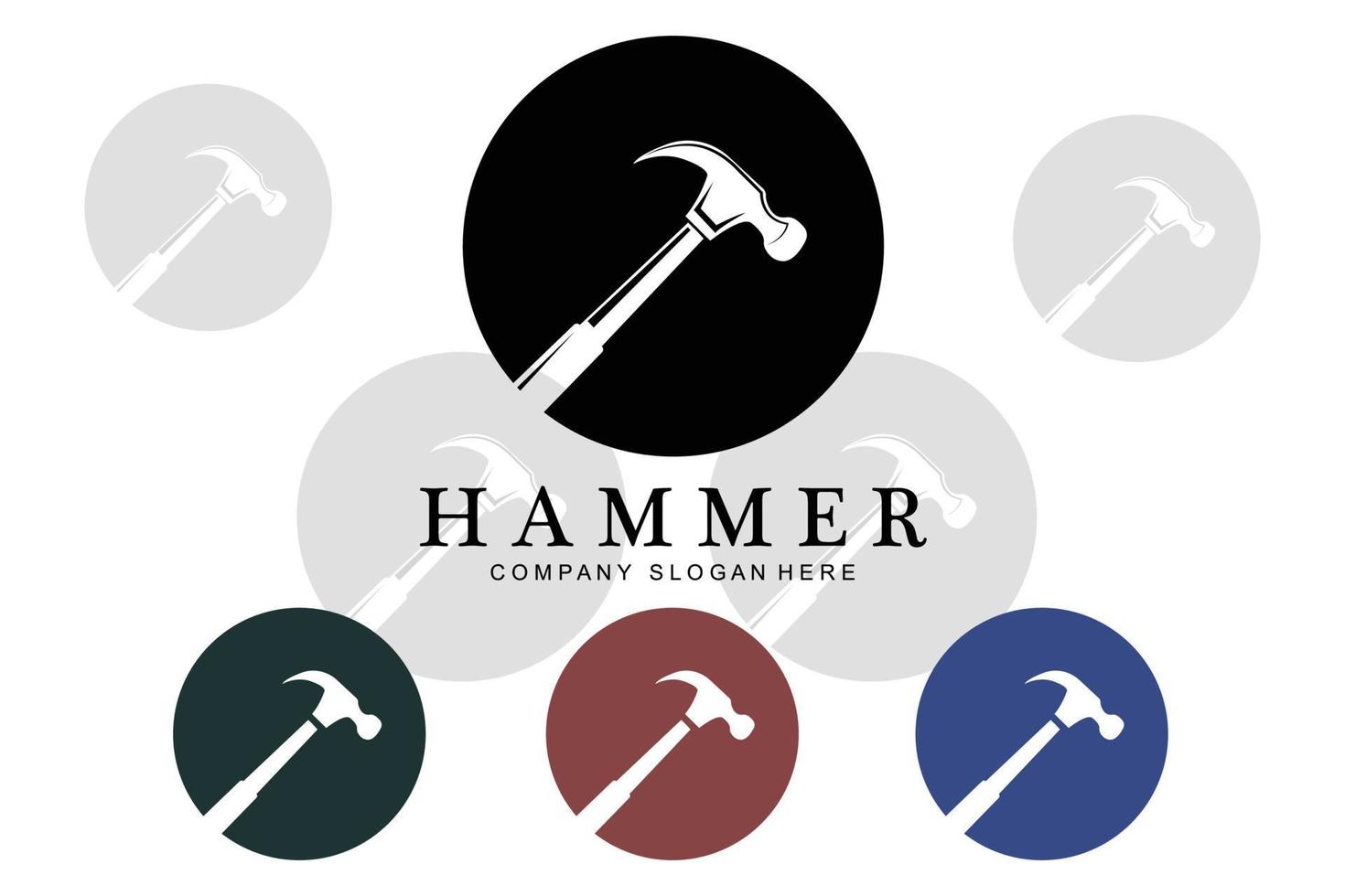Hammer, Bauwerkzeuge und Richter-Logo-Vektorsymbol, Vintage-Retro-Design-Illustration vektor