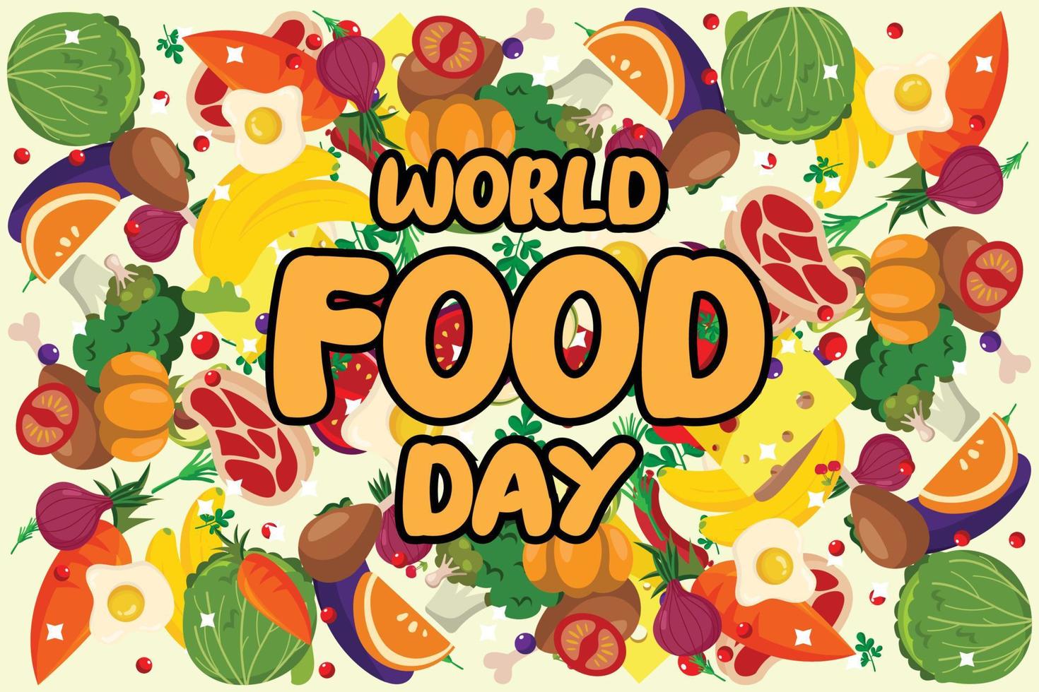 Welternährungstag-Logo-Hintergrund-Vektordesign, Illustration von verschiedenen Früchten und Lebensmitteln, Mahlzeit-Feier-Feier-Poster-Design vektor