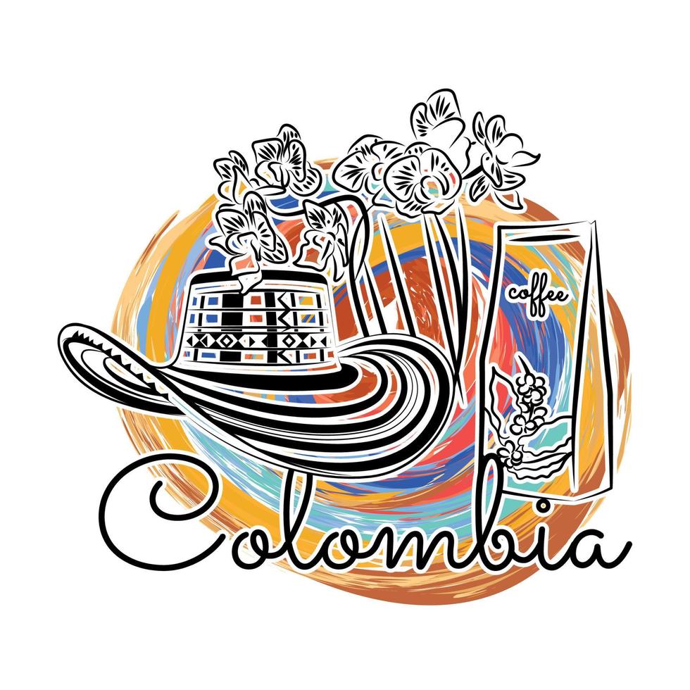 färgade colombia resor marknadsföring med kaffe blommor och hatt vektor
