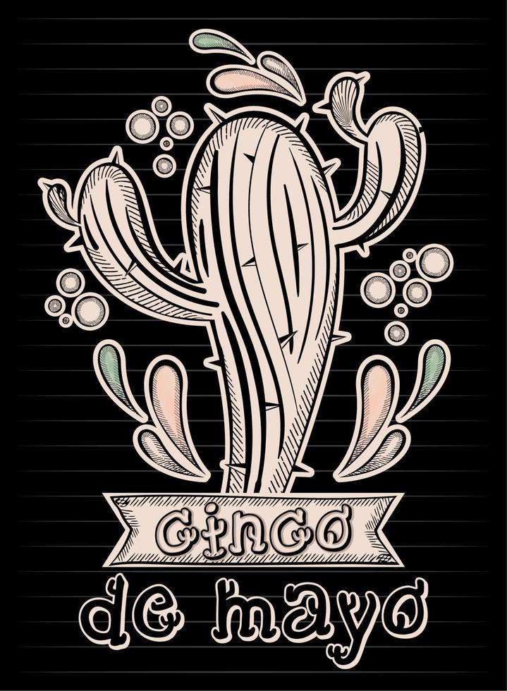 skiss av en kaktus med ornament cinco de mayo vintage affisch vektor